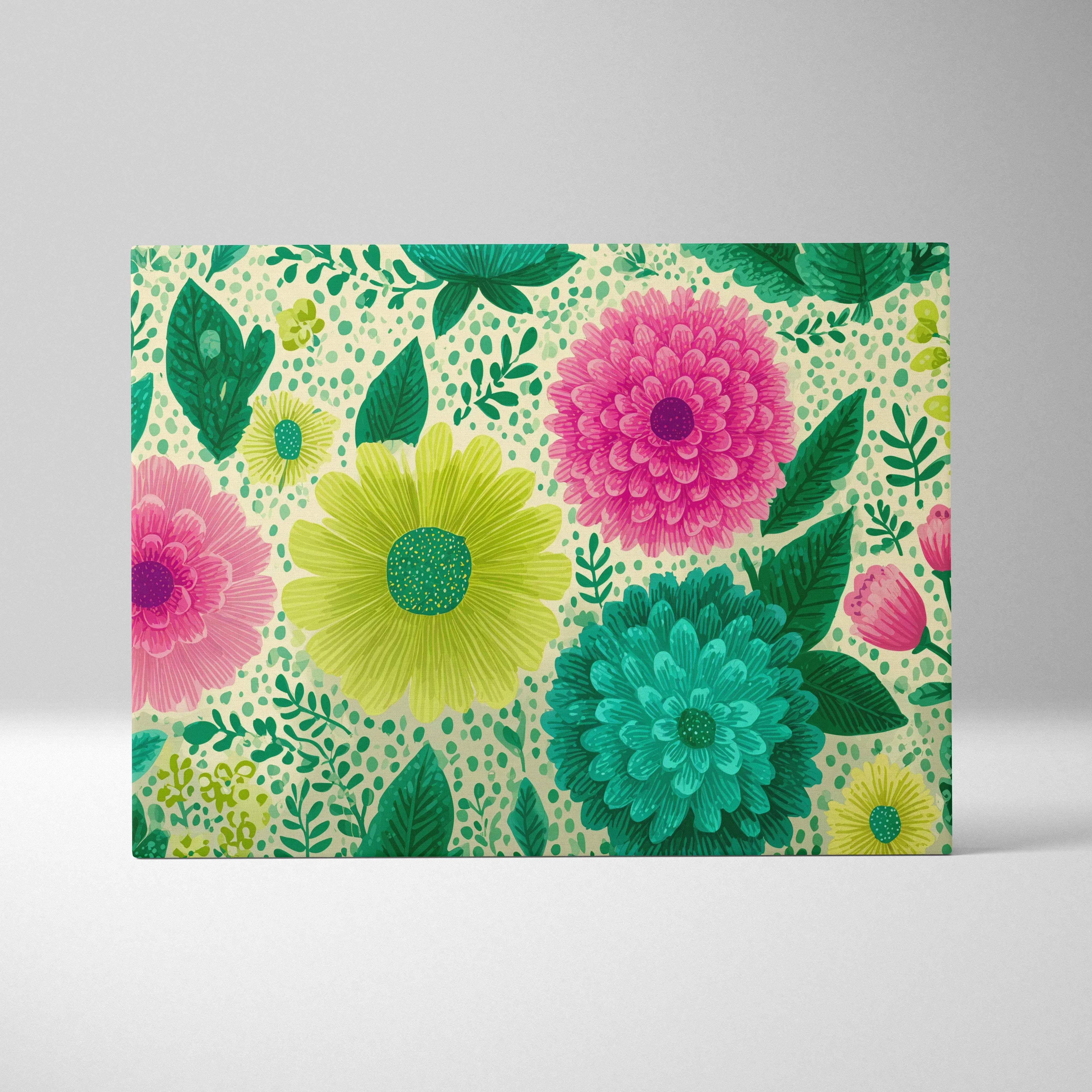 Playful pink teal lime floral canvas wall art with vibrant spring blossoms