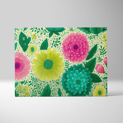 Playful pink teal lime floral canvas wall art with vibrant spring blossoms