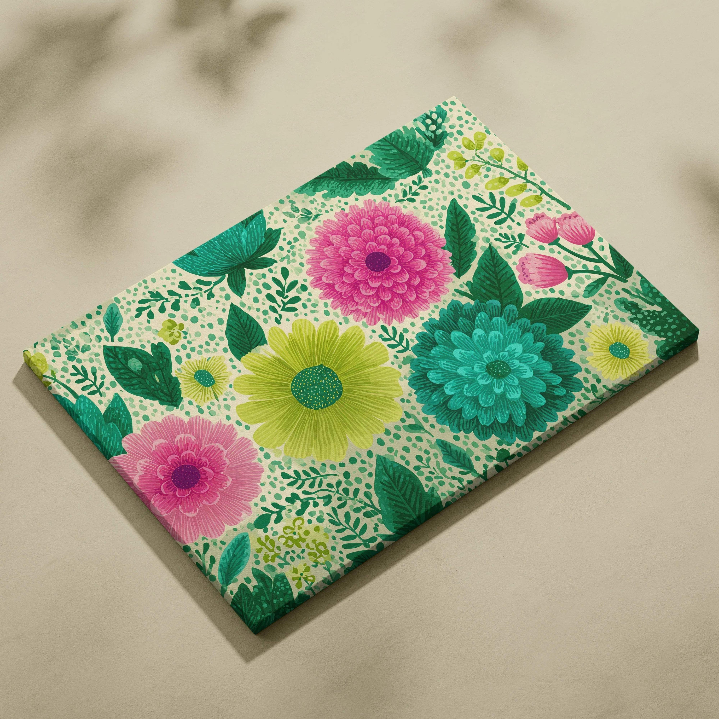 Playful pink teal lime floral canvas wall art with greenery