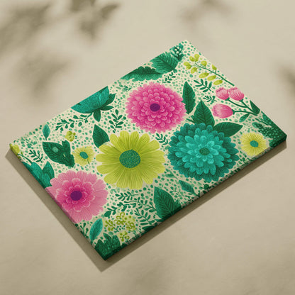 Playful pink teal lime floral canvas wall art with greenery