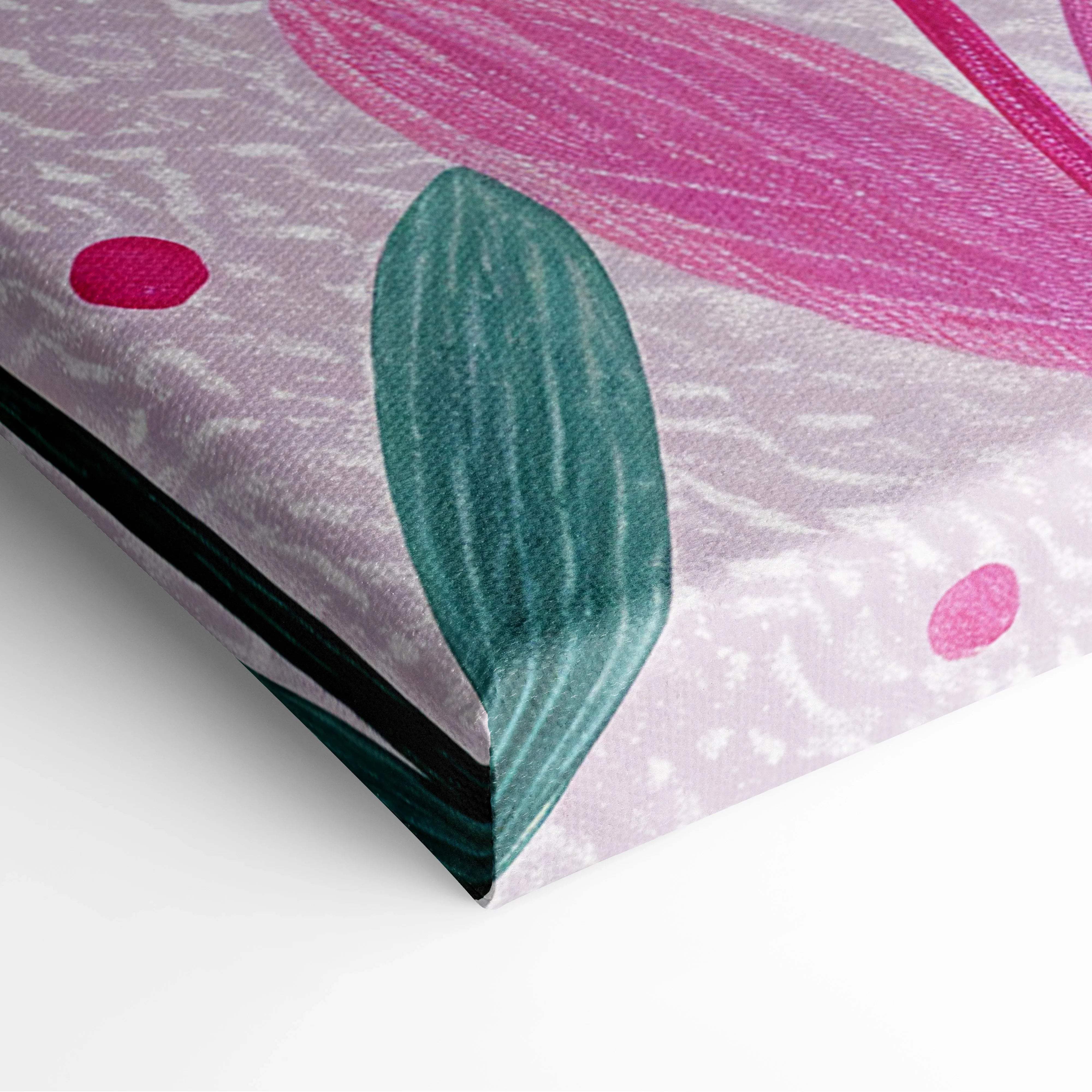 Vibrant pink and orange florals on stems canvas wall art in soft lavender botanical scene