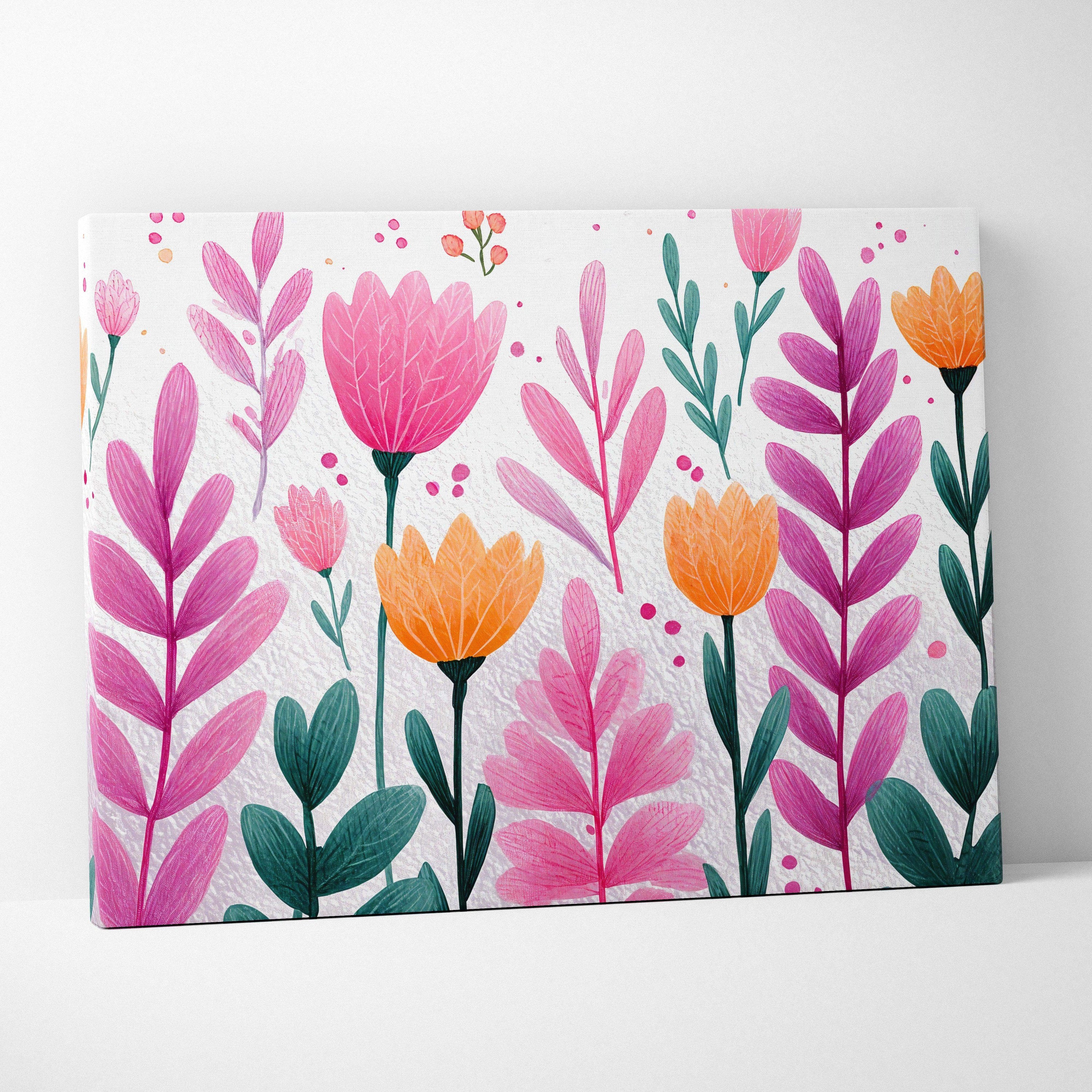 Vibrant pink and orange floral canvas wall art on textured white background