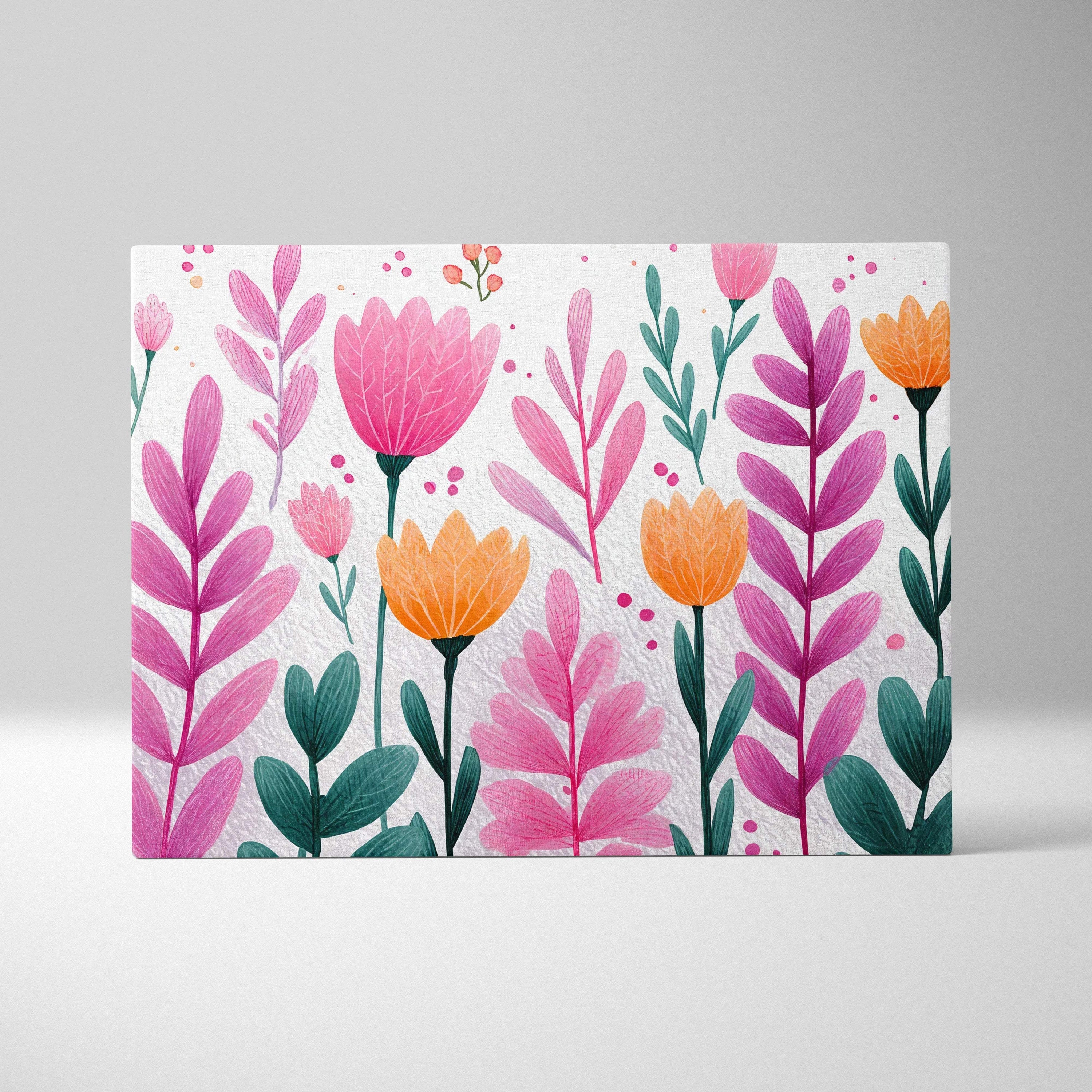 Vibrant pink and orange floral stems canvas wall art on textured white background