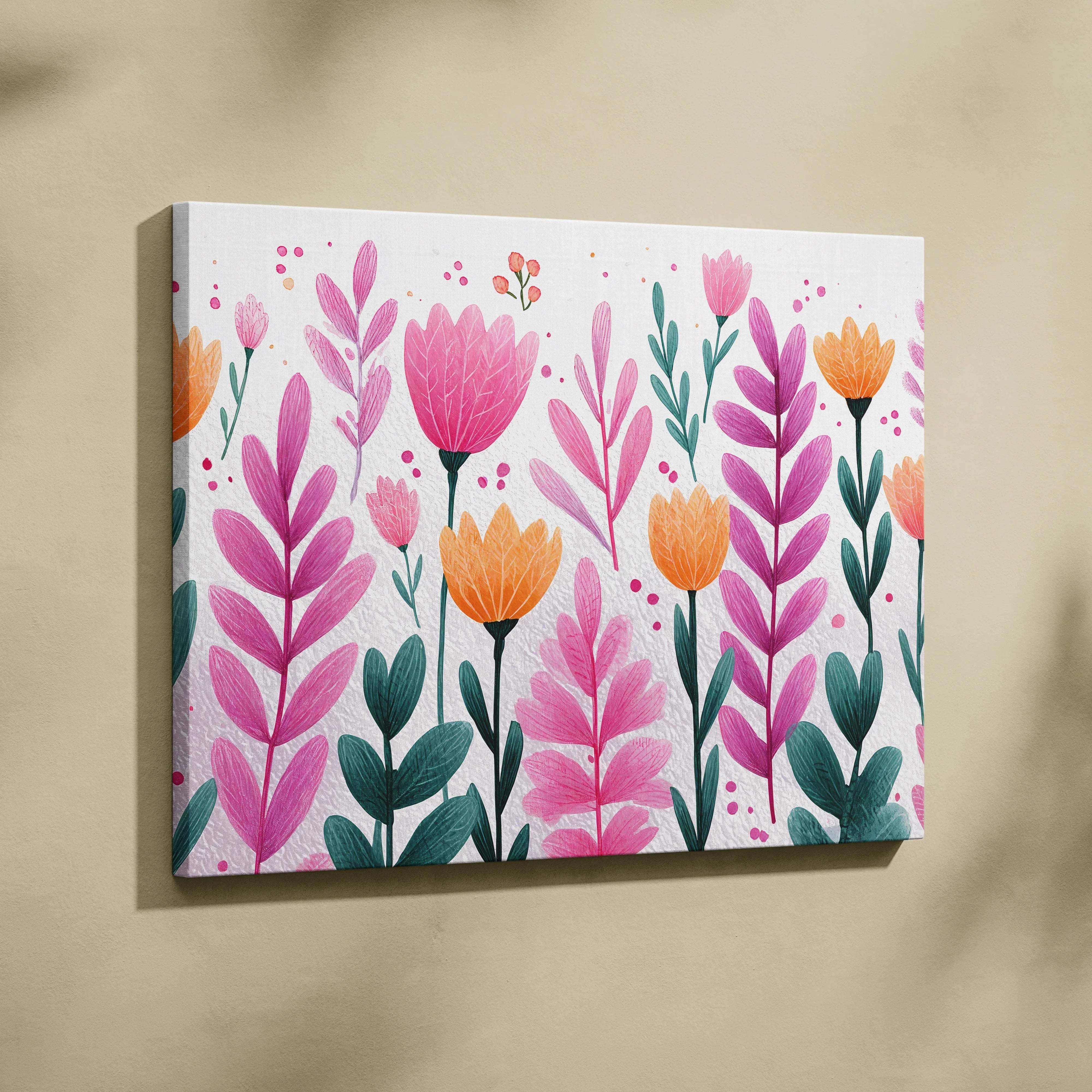 Vibrant pink and orange tulips on stems canvas wall art in airy botanical scene