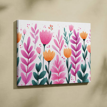 Vibrant pink and orange tulips on stems canvas wall art in airy botanical scene