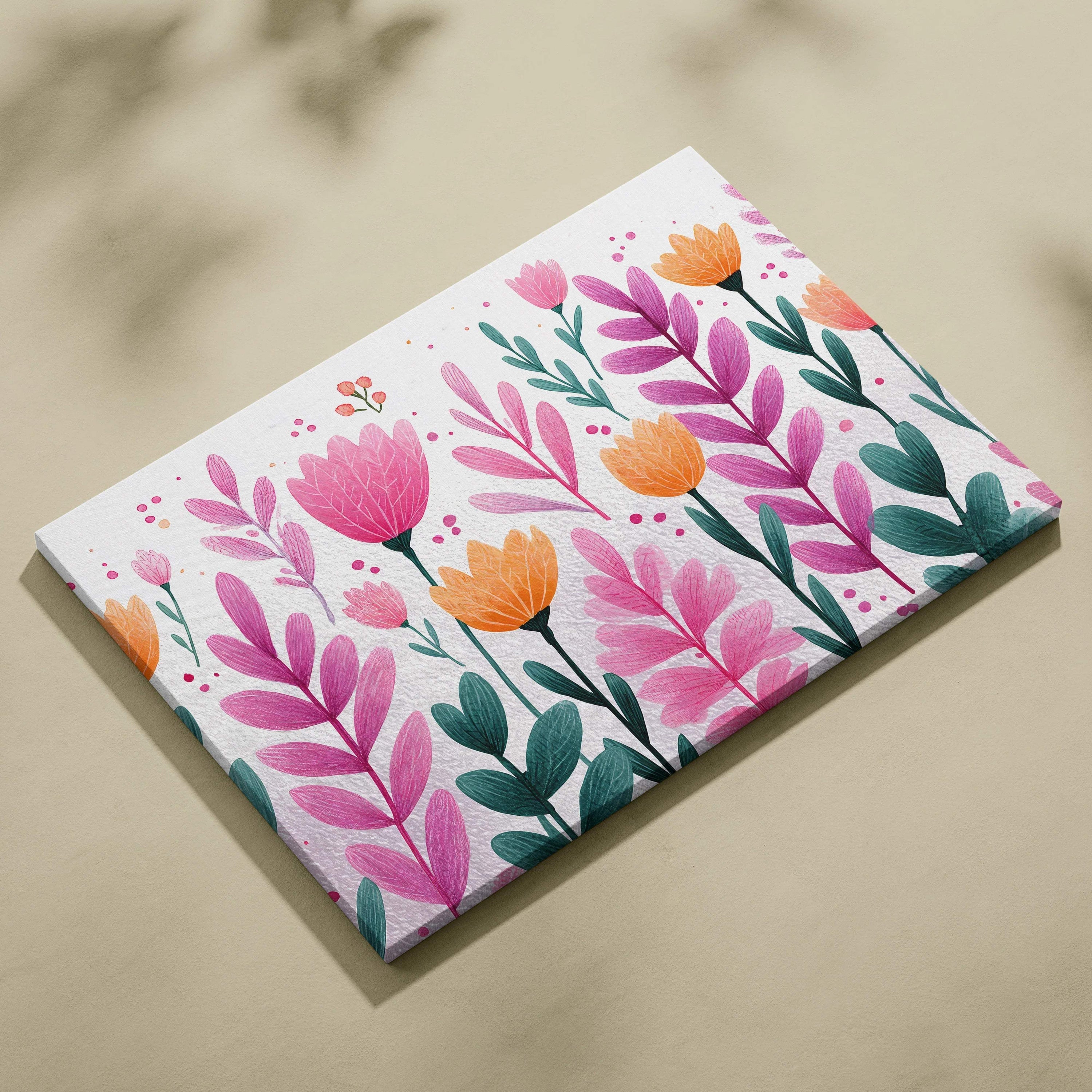 Vibrant pink and orange floral stems canvas wall art in airy botanical scene