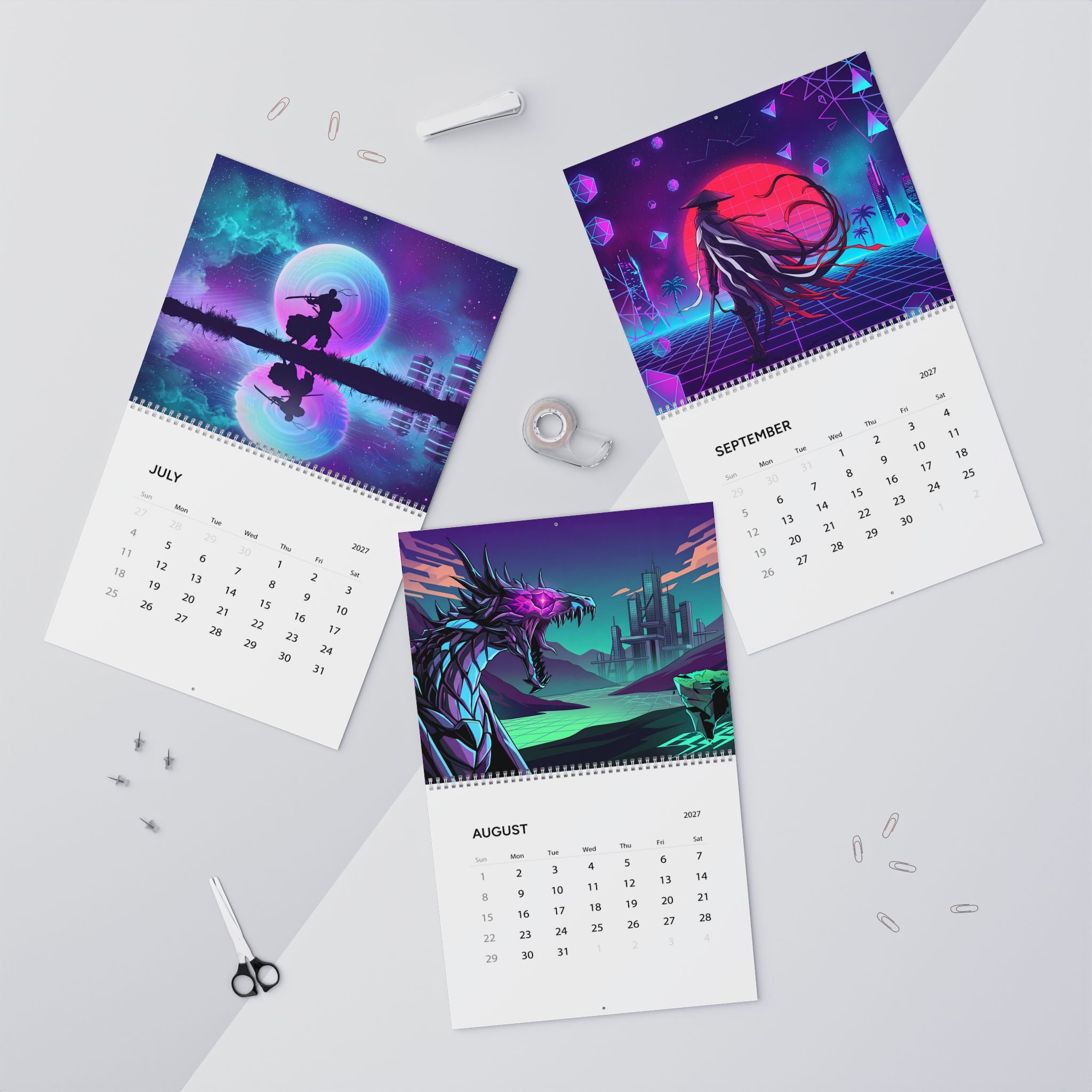 2027 Fantasy Vaporwave Wall Calendar – Vibrant Neon Art & Surreal Fantasy Designs