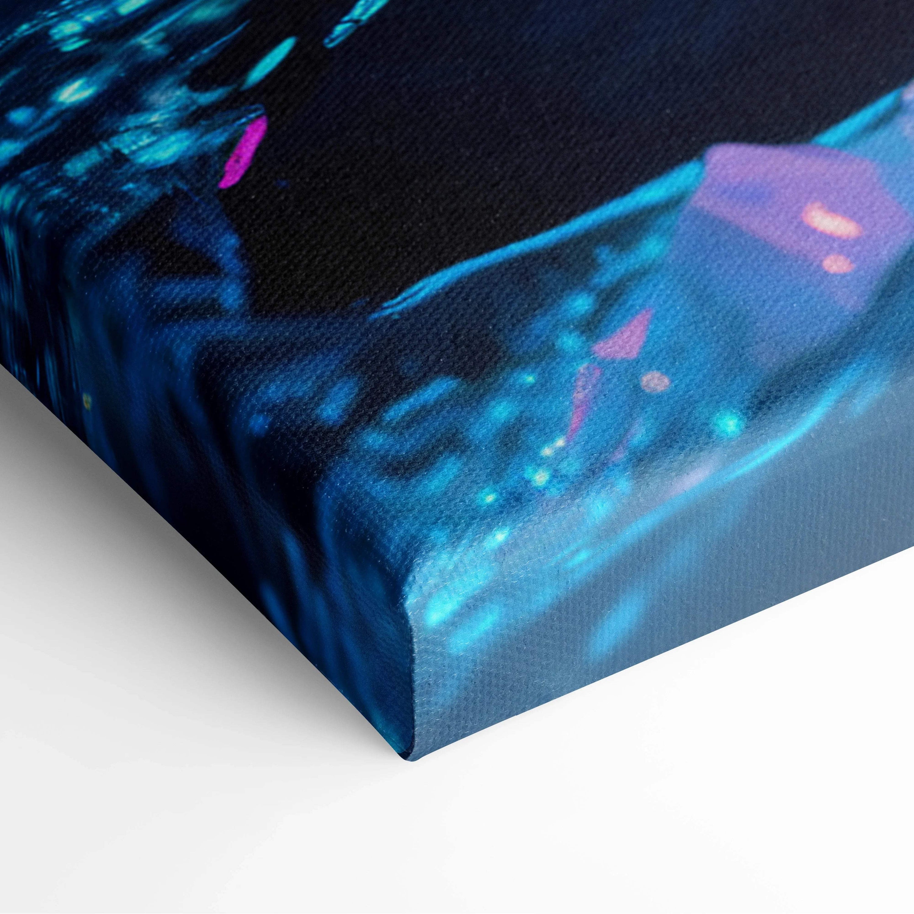 Vibrant neon skies over fractured ice on dreamlike frozen lake horizon canvas art