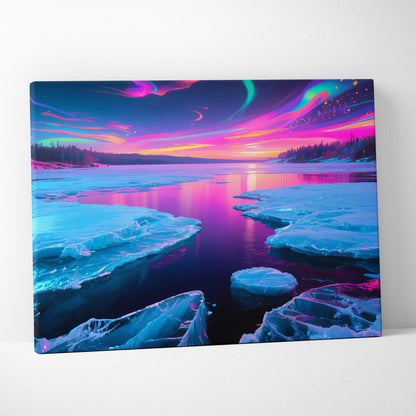 Vibrant neon skies over fractured ice on dreamlike frozen lake canvas art