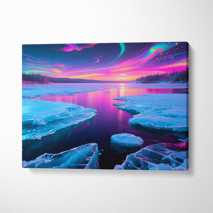 Vibrant neon skies over fractured ice on dreamlike frozen lake canvas art
