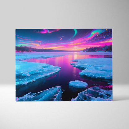 Vibrant neon skies over fractured ice on dreamlike frozen lake canvas art