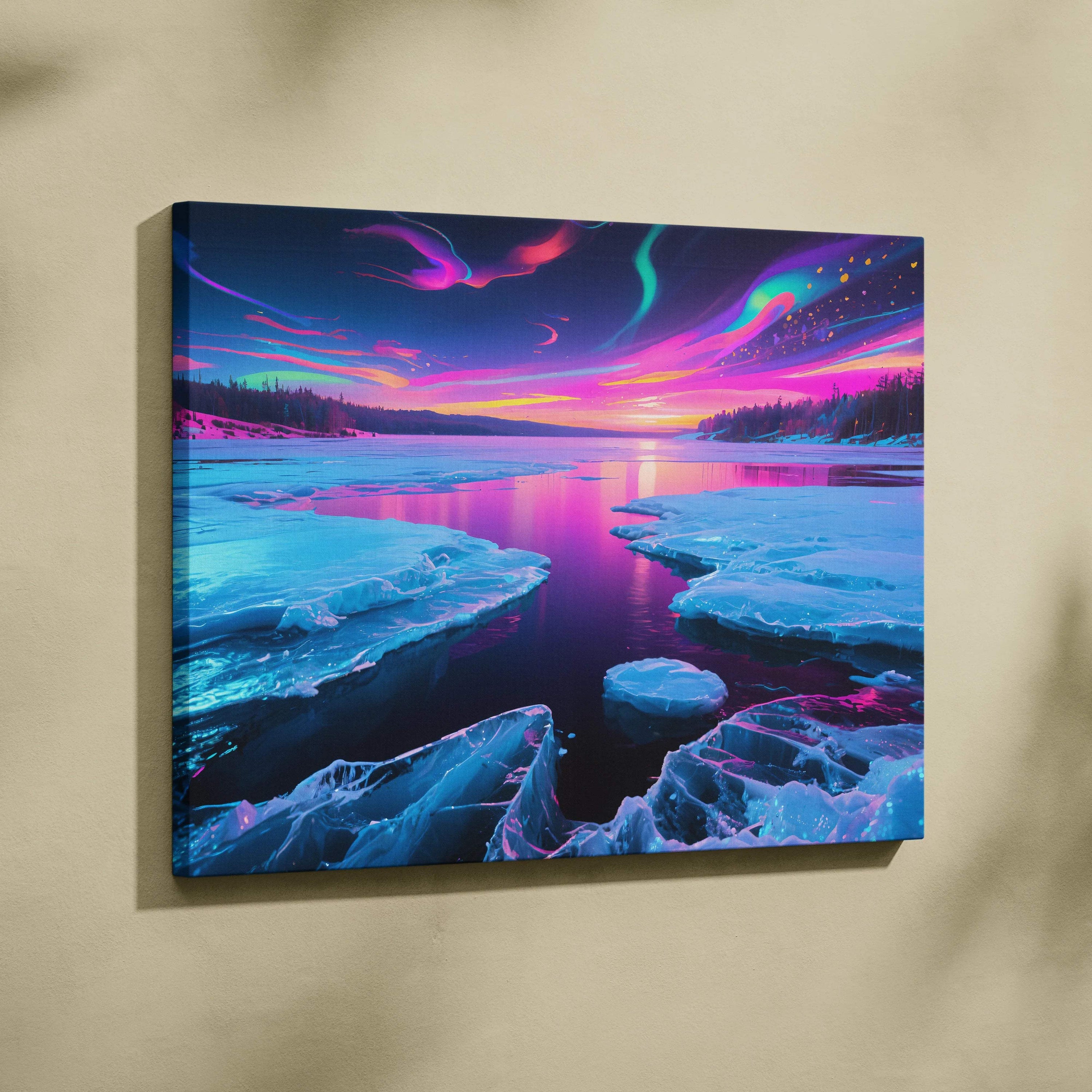 Vibrant neon aurora over fractured ice on dreamlike frozen lake canvas print