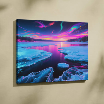 Vibrant neon aurora over fractured ice on dreamlike frozen lake canvas print