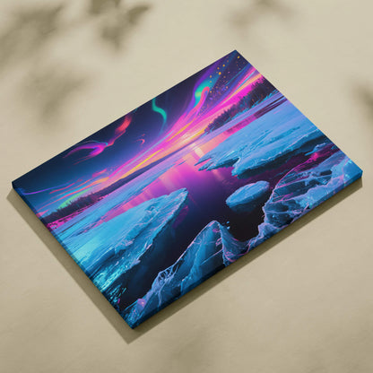 Vibrant neon aurora canvas print over fractured ice on frozen lake horizon