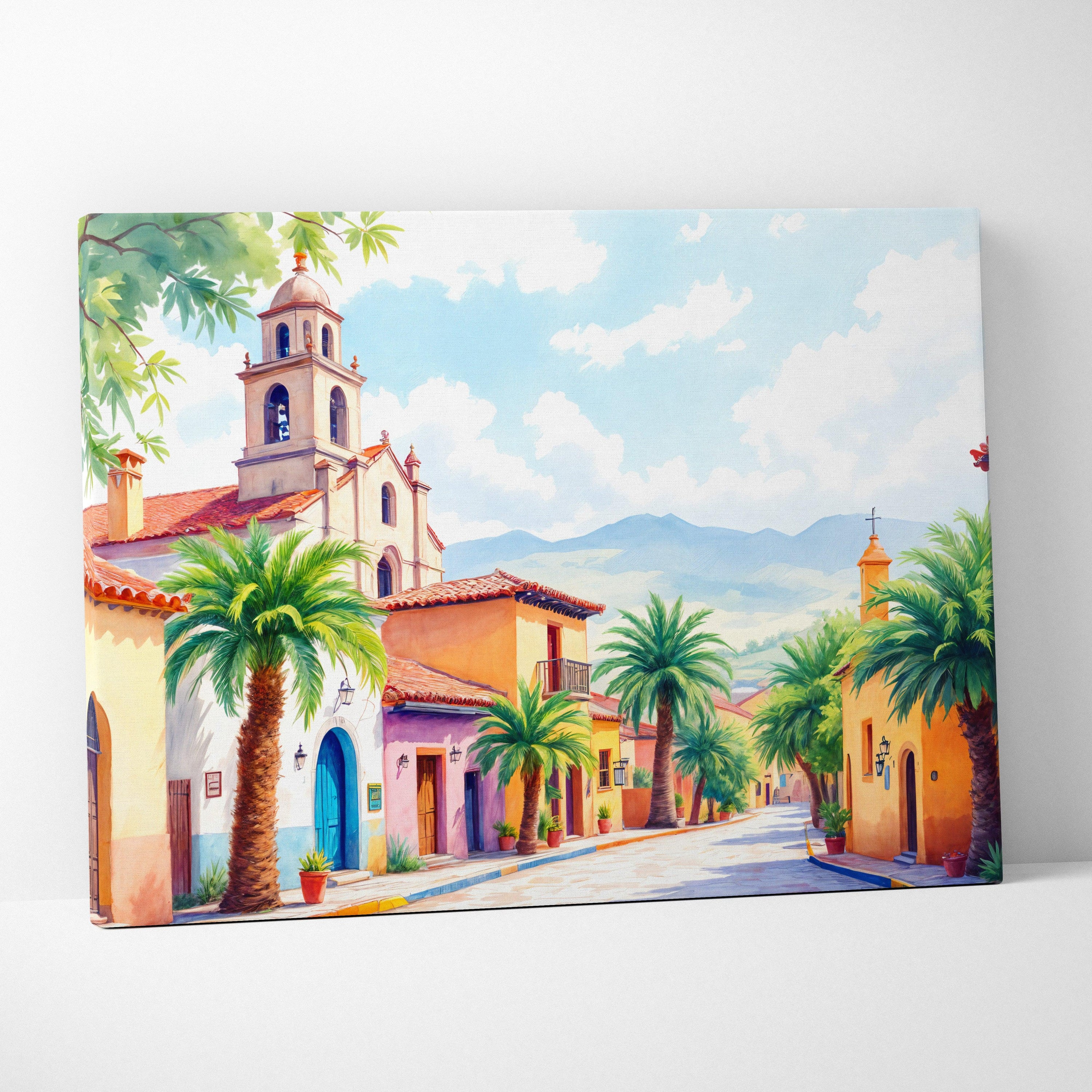 Pastel village street with palm trees canvas wall art, warm Mediterranean landscape