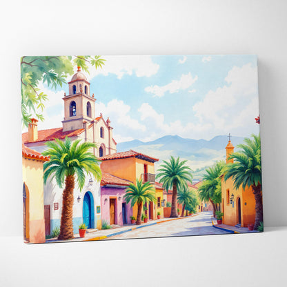 Pastel village street with palm trees canvas wall art, warm Mediterranean landscape