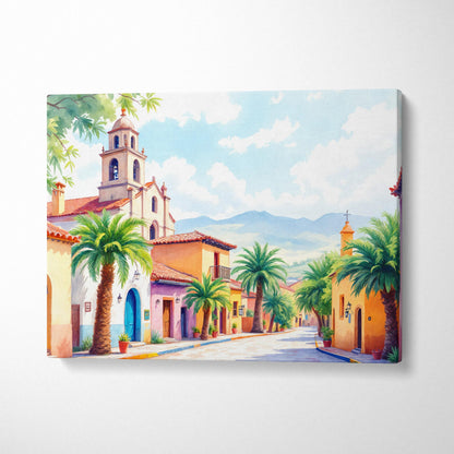 Pastel village street with palm trees canvas wall art, warm Mediterranean scene
