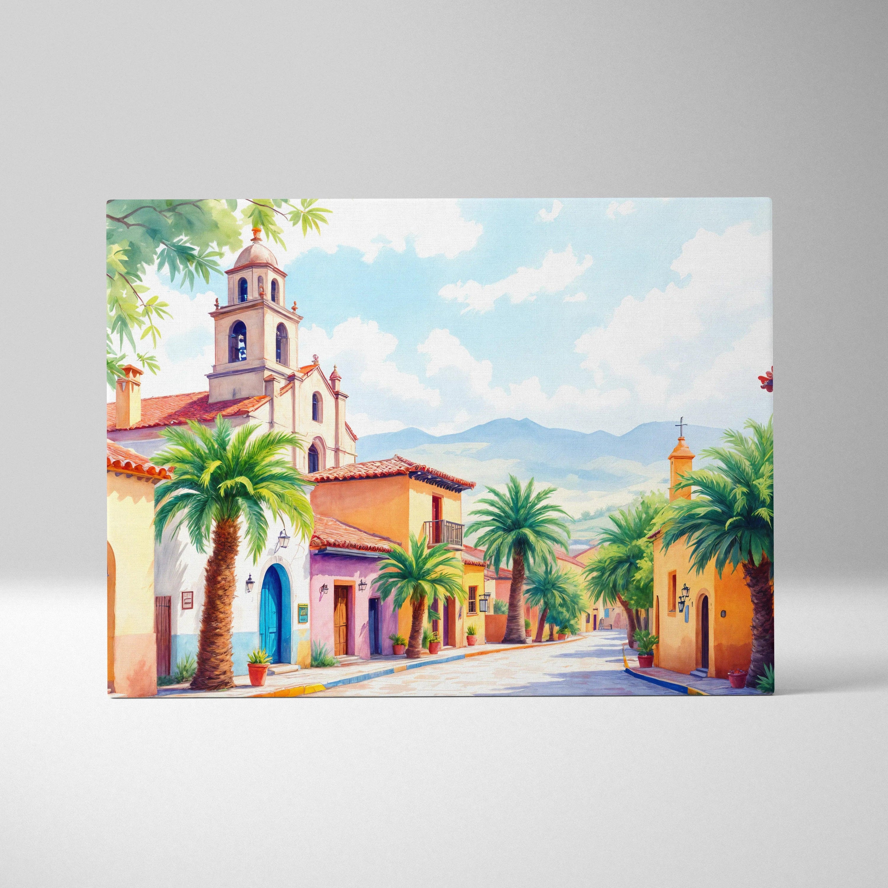 Pastel village street with palm trees canvas wall art, sunlit Mediterranean scene