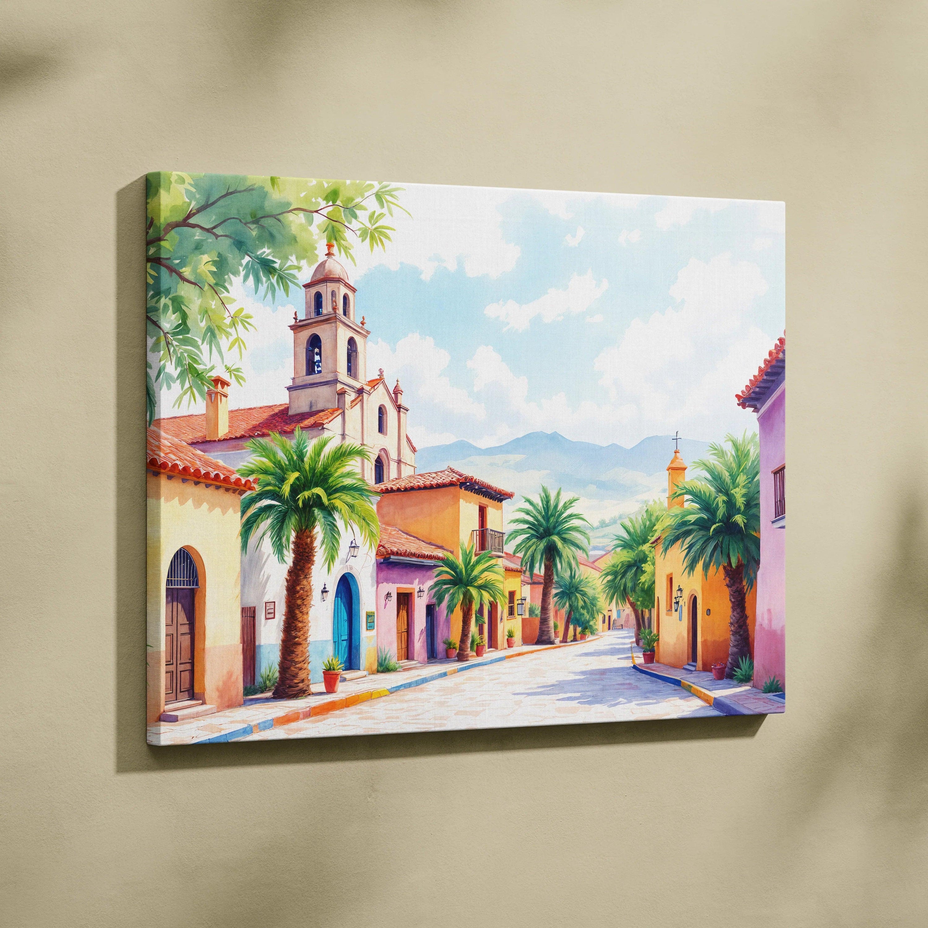 Pastel village street with palm trees canvas wall art, warm Mediterranean landscape