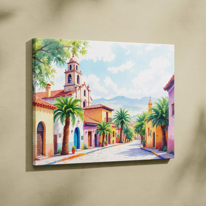 Pastel village street with palm trees canvas wall art, warm Mediterranean landscape