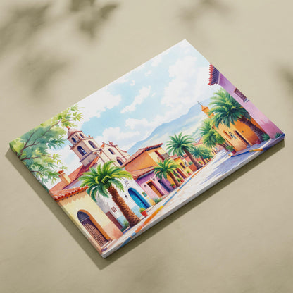 Vibrant watercolor pastel village street with palm trees canvas wall art