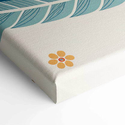 Cream canvas print of teal leaf pattern, orange flower in Flowing Feathers Florals