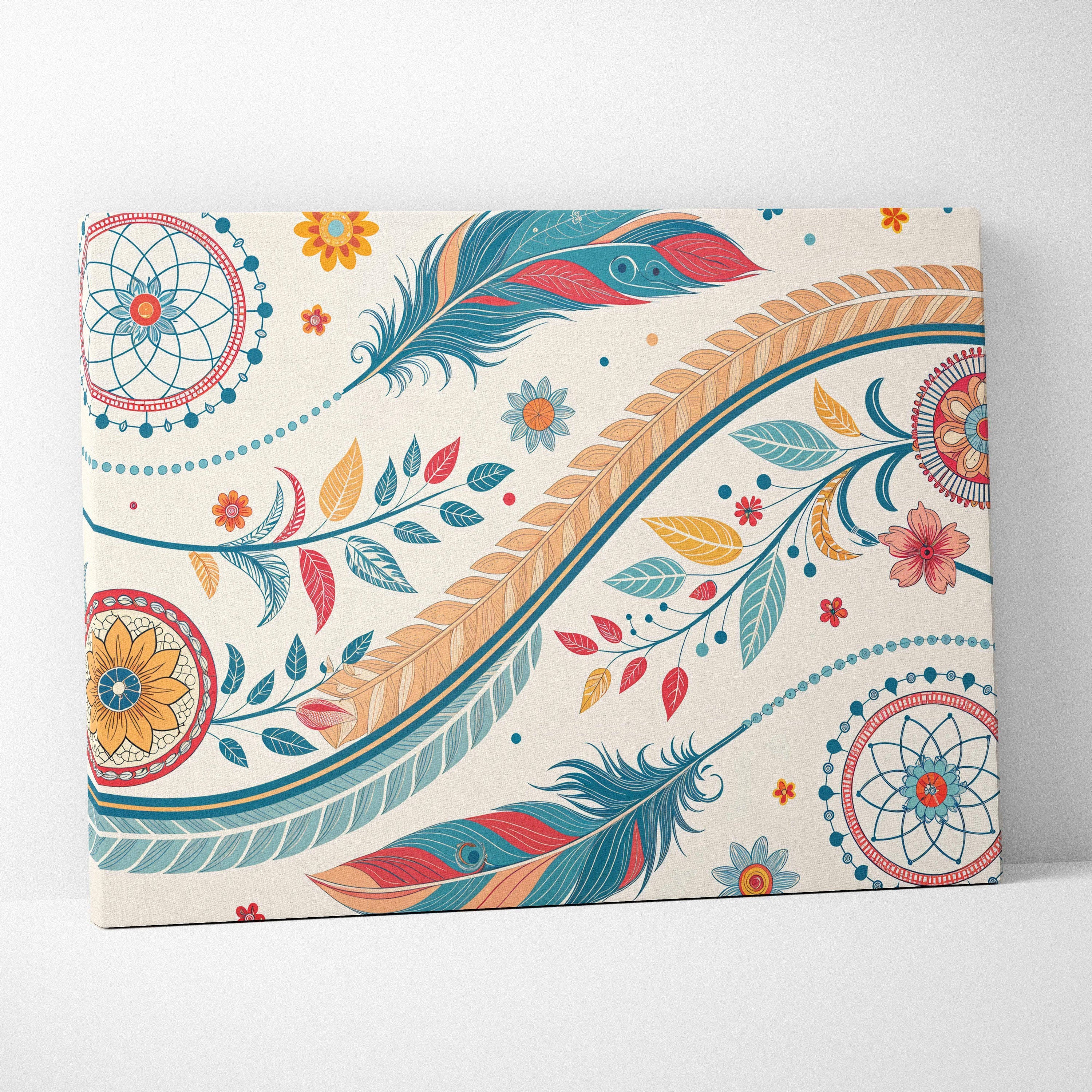 Flowing feathers and florals mandala canvas art in teal coral on off-white
