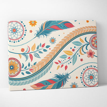 Flowing feathers and florals mandala canvas art in teal coral on off-white