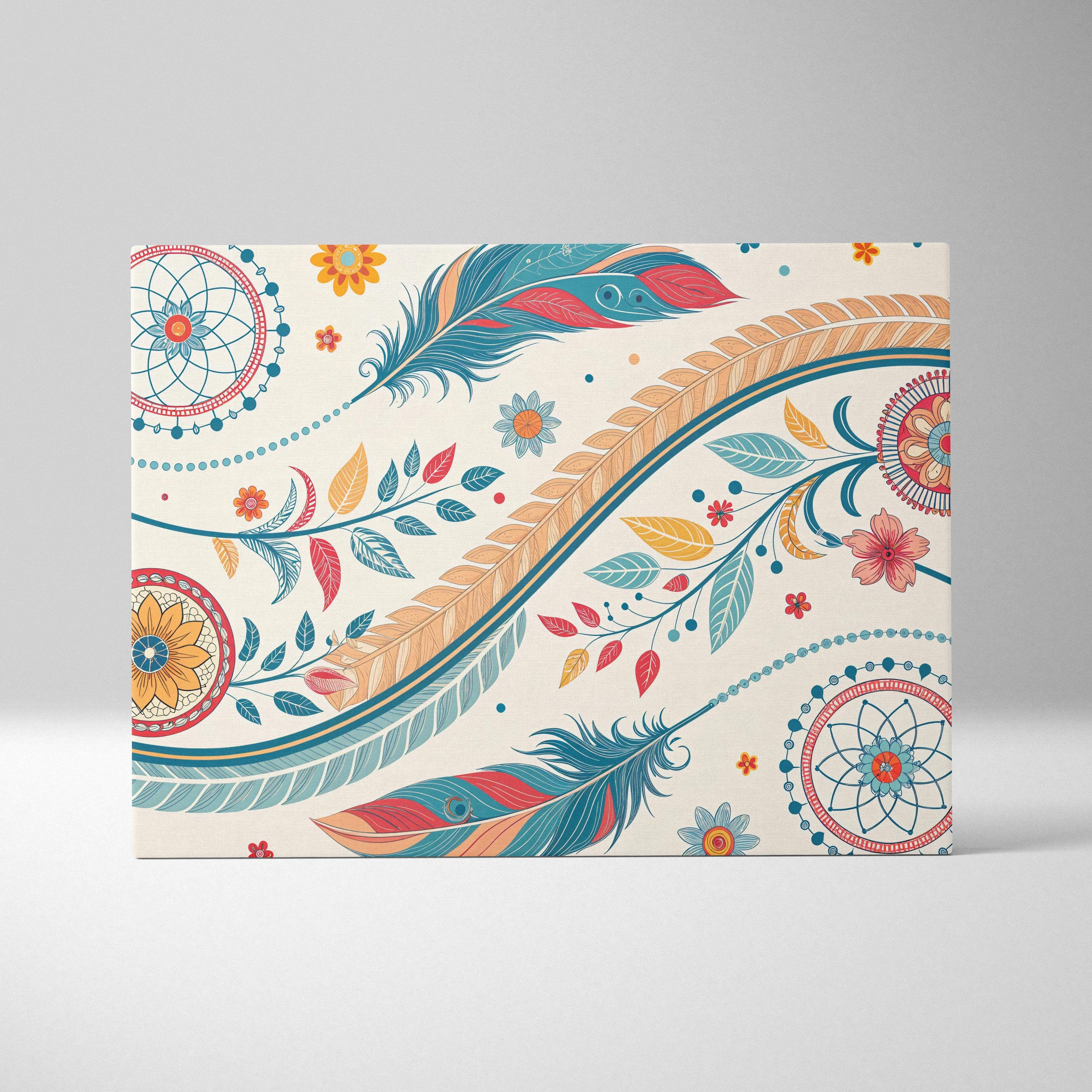 Flowing feathers and florals mandala canvas wall art in teal coral