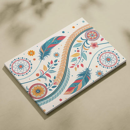 Flowing feathers and florals mandala canvas art in teal coral palette