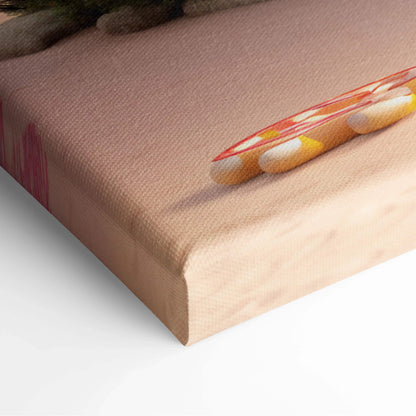 Whimsical gingerbread house canvas print with orange yellow brushstrokes