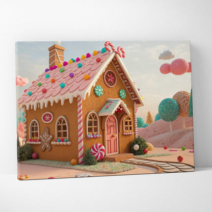 Whimsical gingerbread house canvas print with pink roof, candy canes, gumdrops