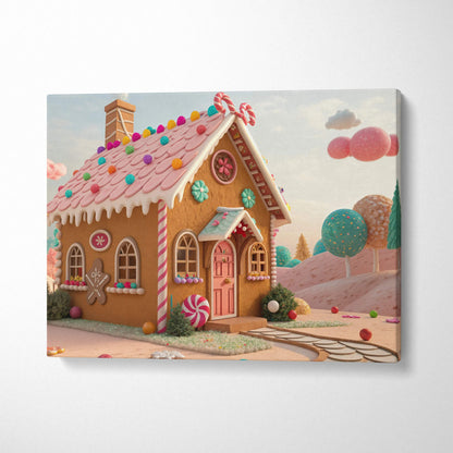 Whimsical gingerbread house canvas wall art with pink icing roof and gumdrops
