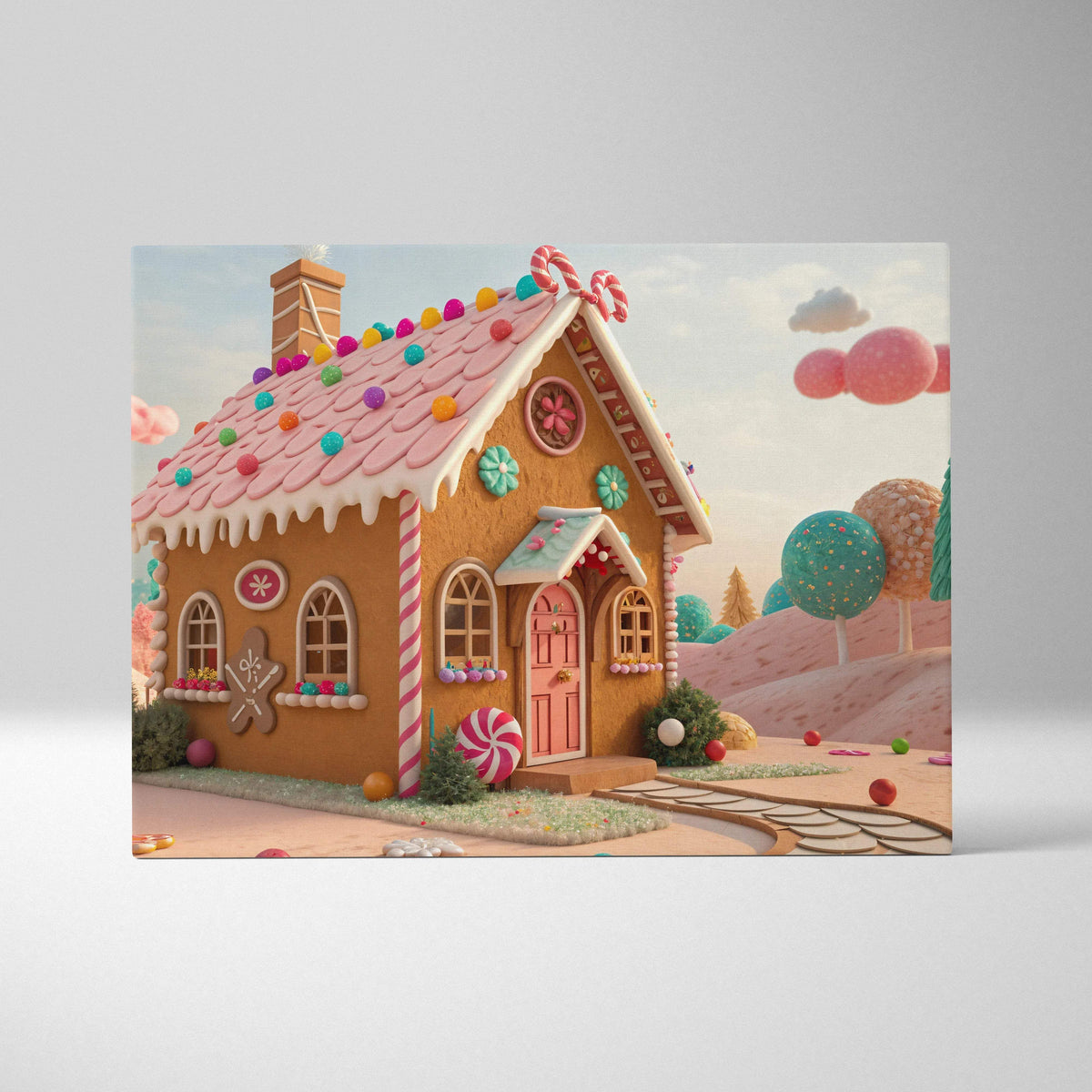 Whimsical gingerbread house canvas wall art with pink roof and gumdrops