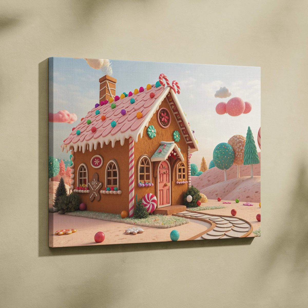 Whimsical gingerbread house canvas art with pink icing, candy canes, gumdrops