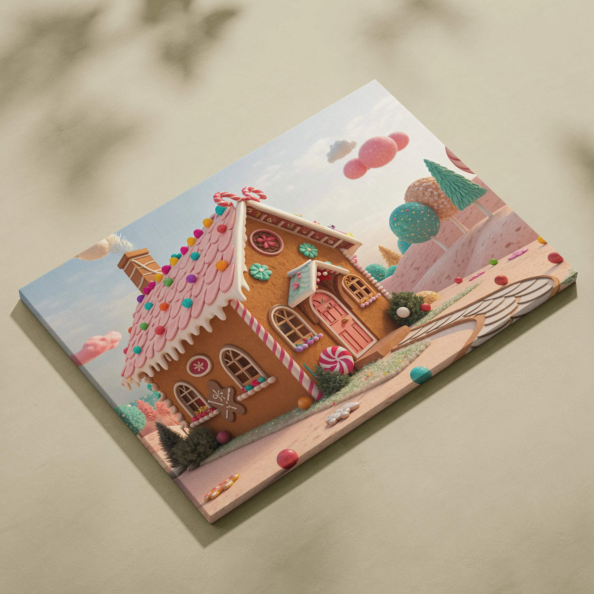 Whimsical gingerbread house canvas print with candy dreamscape decor
