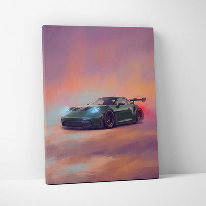 Vibrant canvas print featuring sleek green porsche 911 gt3 rs with glowing headlights against sunset sky wall art
