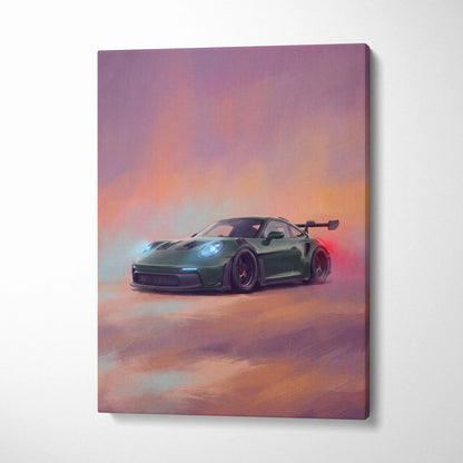 A vibrant digital canvas print of a sleek dark green porsche 911 gt3 rs with glowing blue headlights and rear wing