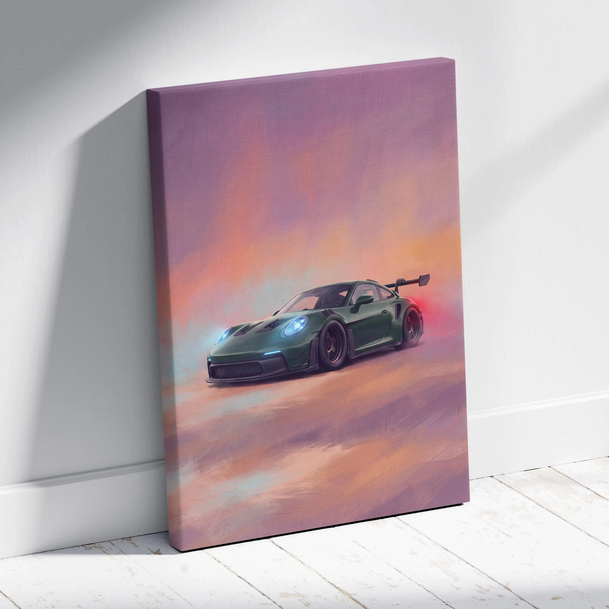 Green Porsche 911 GT3 RS inspired supercar canvas art print with glowing blue headlights and rear spoiler against sunset