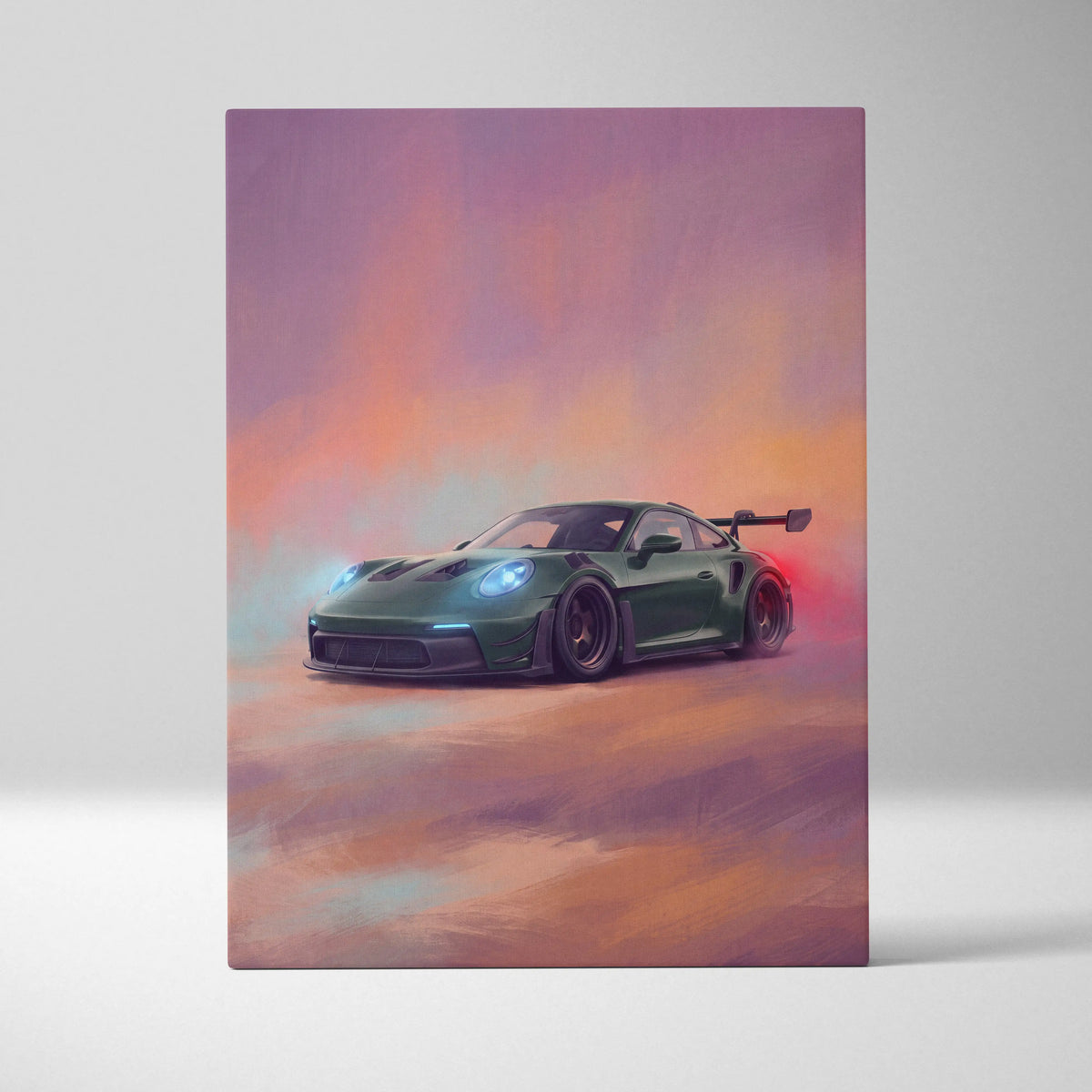 Porsche 911 GT3 RS inspired supercar canvas art featuring a sleek dark green car with glowing headlights and vibrant sky