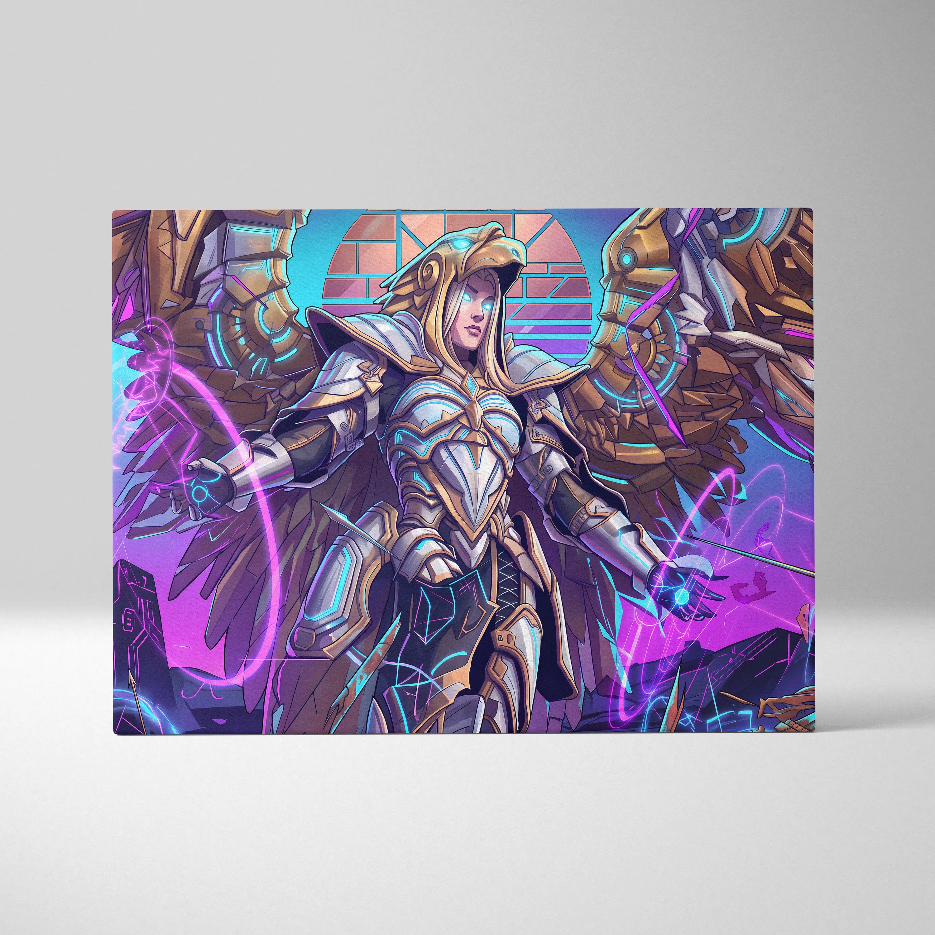 Vaporwave Neon Guardians Canvas - Angelic Knights Neon Pink Blue Living Room Vaporwave Dreamlike Mood Wall Art Canvas
