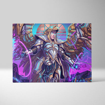 Vaporwave Neon Guardians Canvas - Angelic Knights Neon Pink Blue Living Room Vaporwave Dreamlike Mood Wall Art Canvas