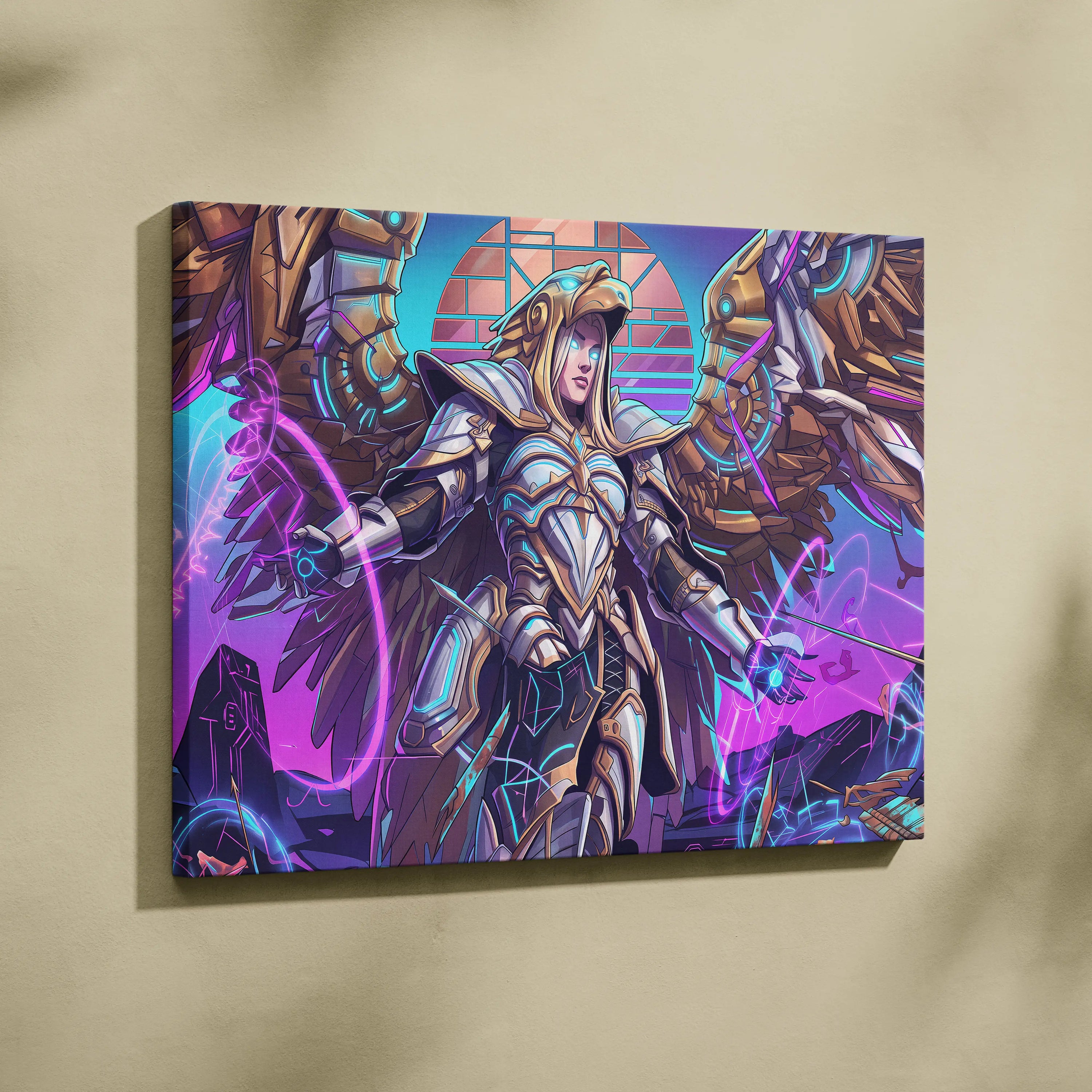 Vaporwave Neon Guardians Canvas - Angelic Knights Neon Pink Blue Living Room Vaporwave Dreamlike Mood Wall Art Canvas