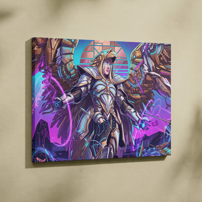 Vaporwave Neon Guardians Canvas - Angelic Knights Neon Pink Blue Living Room Vaporwave Dreamlike Mood Wall Art Canvas