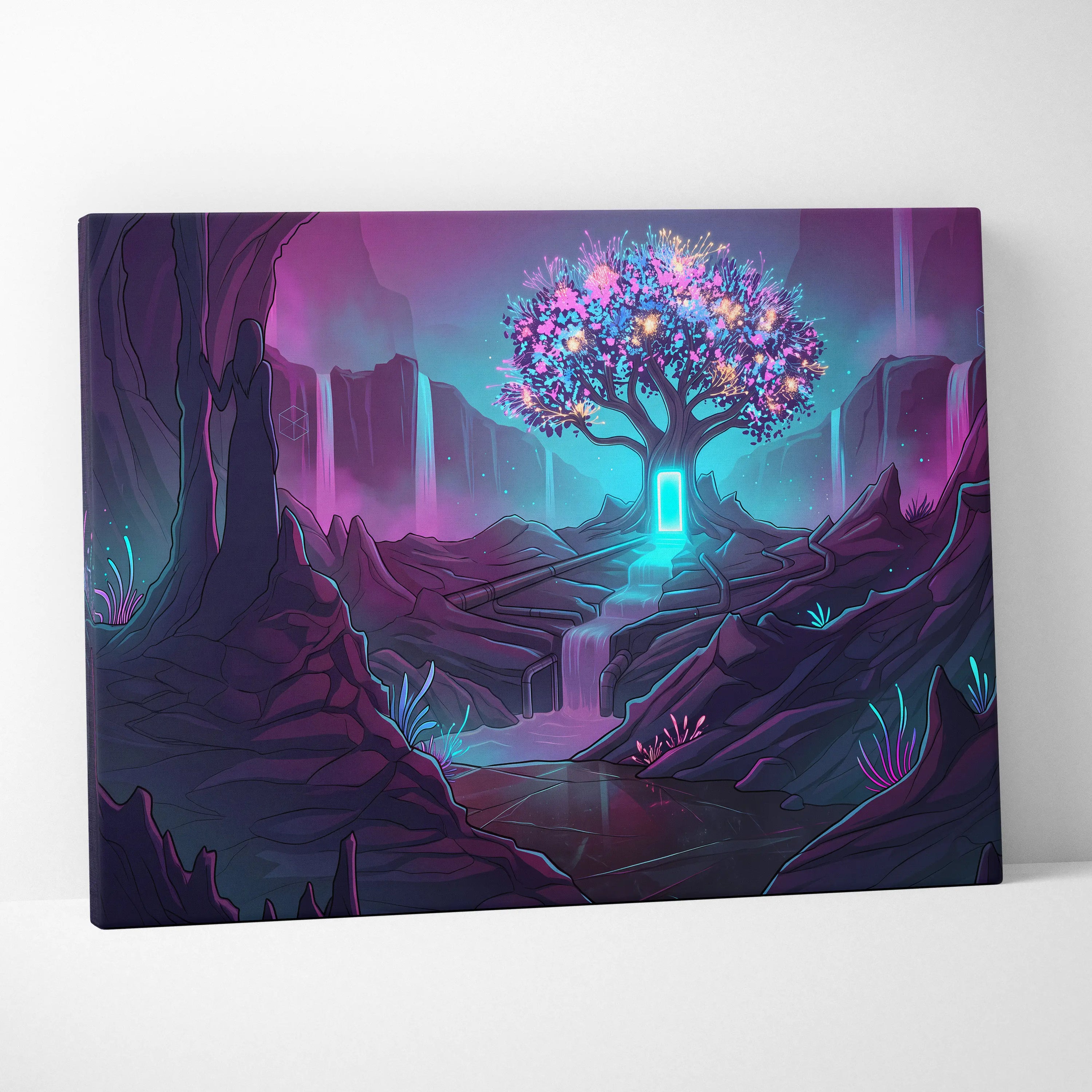 Vaporwave Neon Tree Canvas - Tree Neon Pink Purple Living Room Vaporwave Vibrant Synthwave Mood Gallery Art