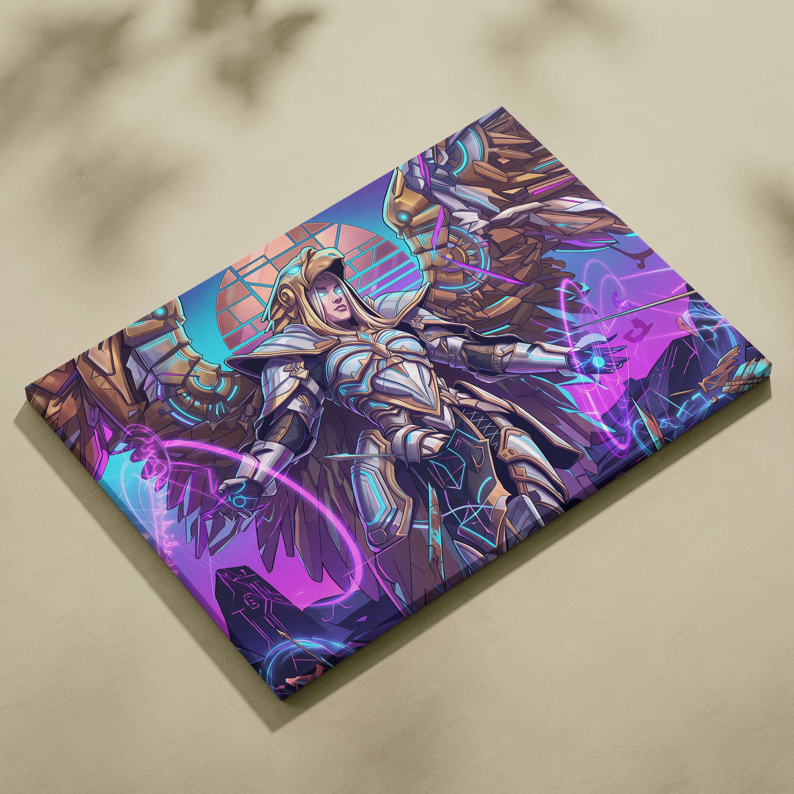 Vaporwave Neon Guardians Canvas - Angelic Knights Neon Pink Blue Living Room Vaporwave Dreamlike Mood Wall Art Canvas
