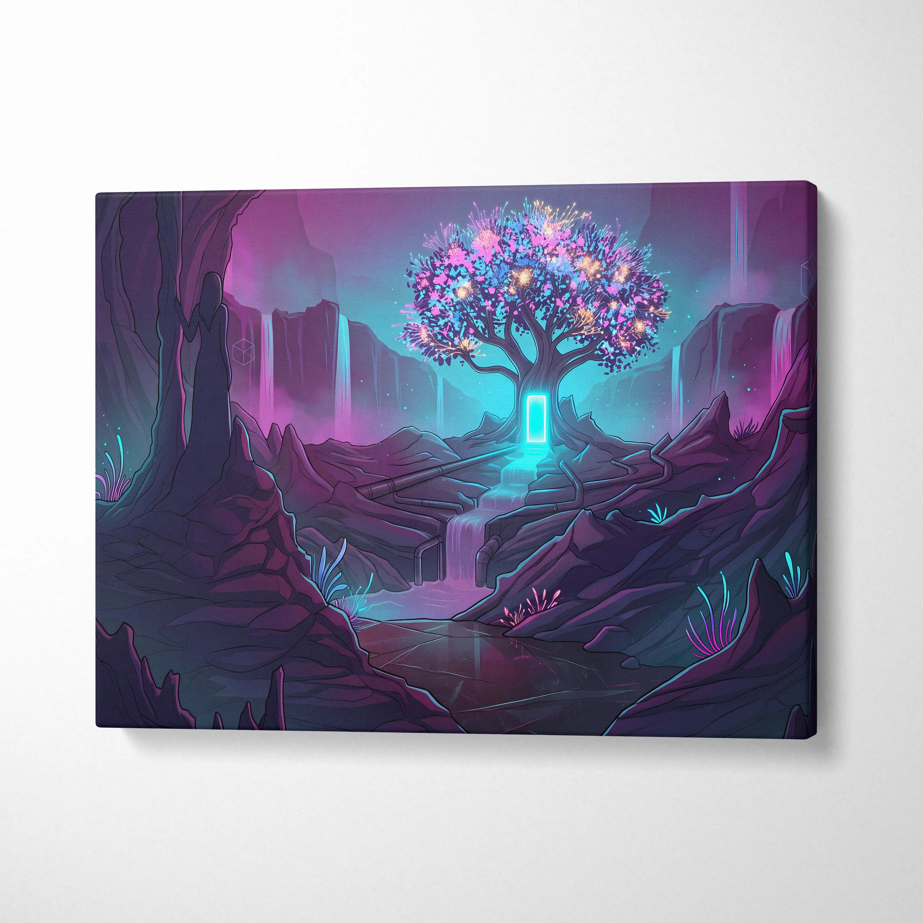 Vaporwave Neon Tree Canvas - Tree Neon Pink Purple Living Room Vaporwave Vibrant Synthwave Mood Gallery Art
