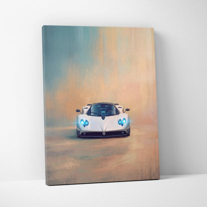 White Pagani Zonda inspired supercar canvas art with glowing blue headlights and sleek aerodynamic design wall print