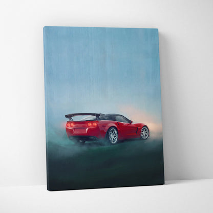 Chevrolet Corvette inspired red sports car painting on canvas with glowing taillights and black spoiler for living room