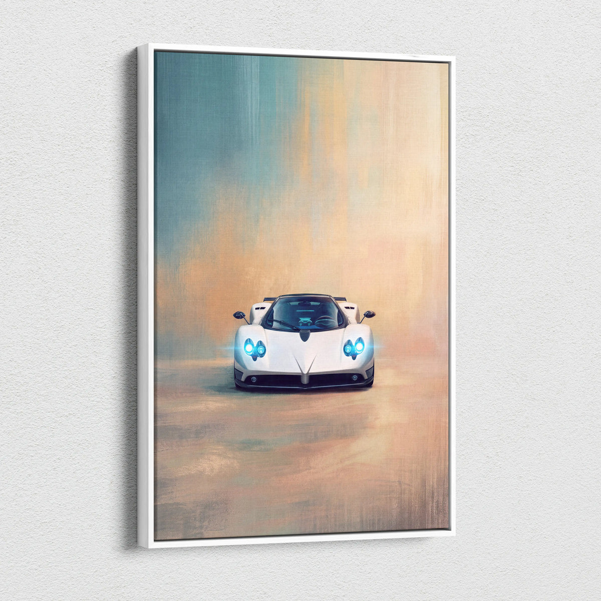 White framed canvas art print featuring a sleek white pagani zonda inspired supercar with glowing blue headlights